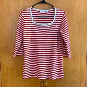 Quacker Factory XXS red white stripes shirt 1/2 sleeve with silver bling